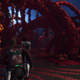 A screenshot of Star-Lord and Gamora exploring a planet covered in red plants and strange orange balls.